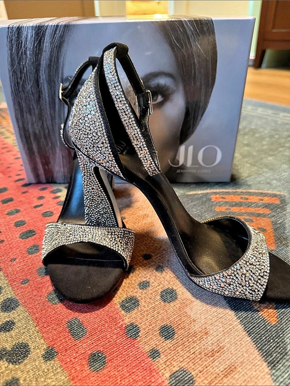 JLO Rhinestone Ankle Strap Heels in Black & Silver